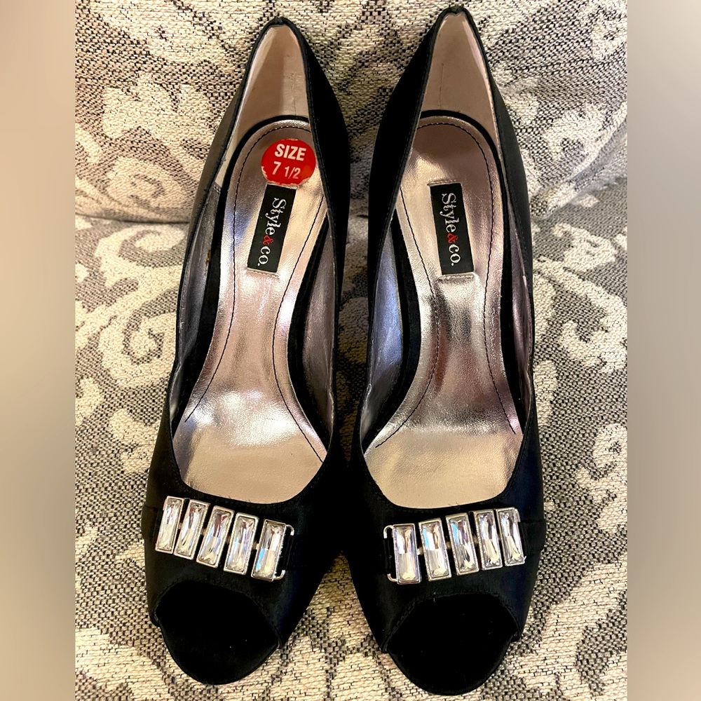 Satin Black Peep Toe Pumps